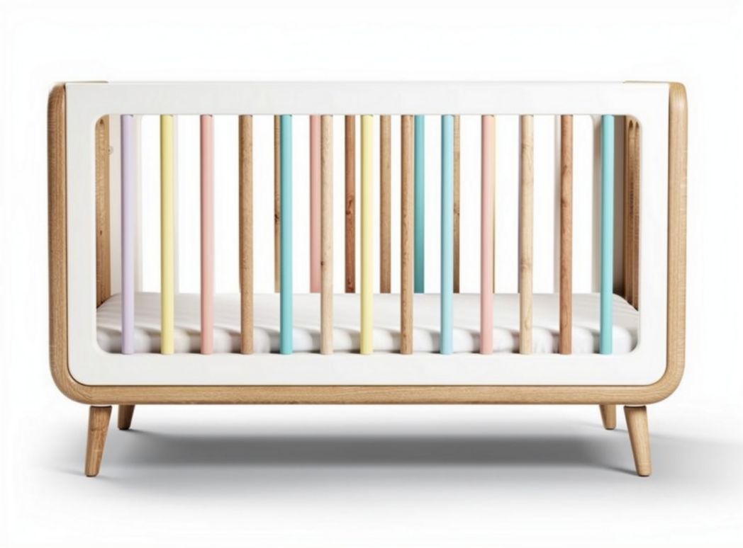 Houten kinderbed met gekleurde spijlen afmetingen 120 x 60 x 75cm