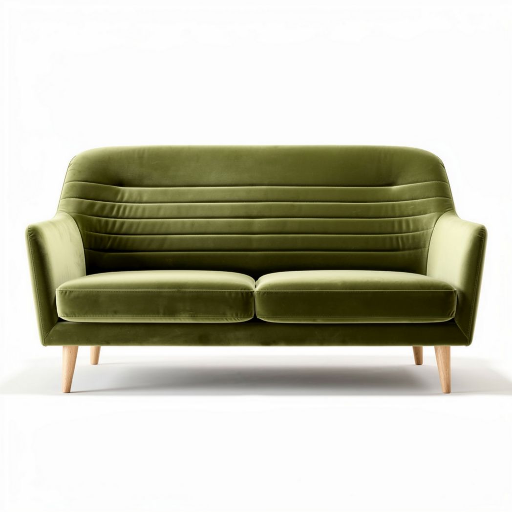 Groen fluwelen bank met houten poten afmetingen 200 x 90 x 85cm