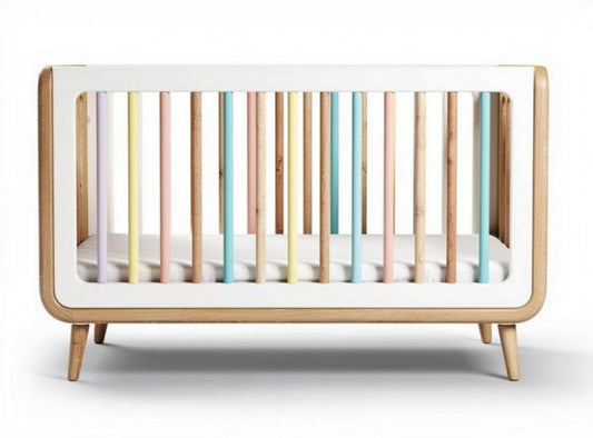 Houten kinderbed met gekleurde spijlen afmetingen 120 x 60 x 75cm