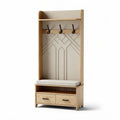 Houtens hal meubel met zitbank en kledinghaken in beige 180 x 90 x 40cm