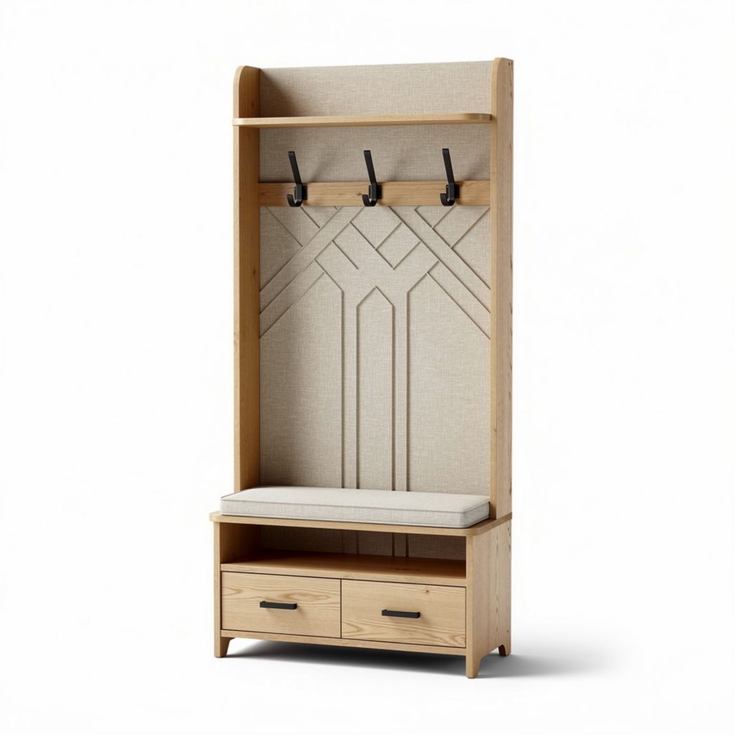 Houtens hal meubel met zitbank en kledinghaken in beige 180 x 90 x 40cm