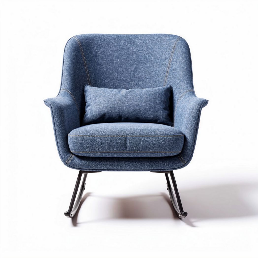 Stoel van blauw stof met kussen en metalen poten 70 x 70 x 85cm