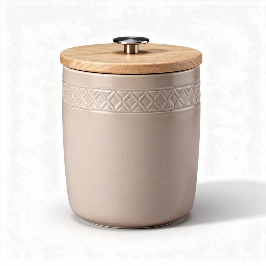 Keramische opbergpot met houten deksel 15 x 15 x 20cm crème kleur